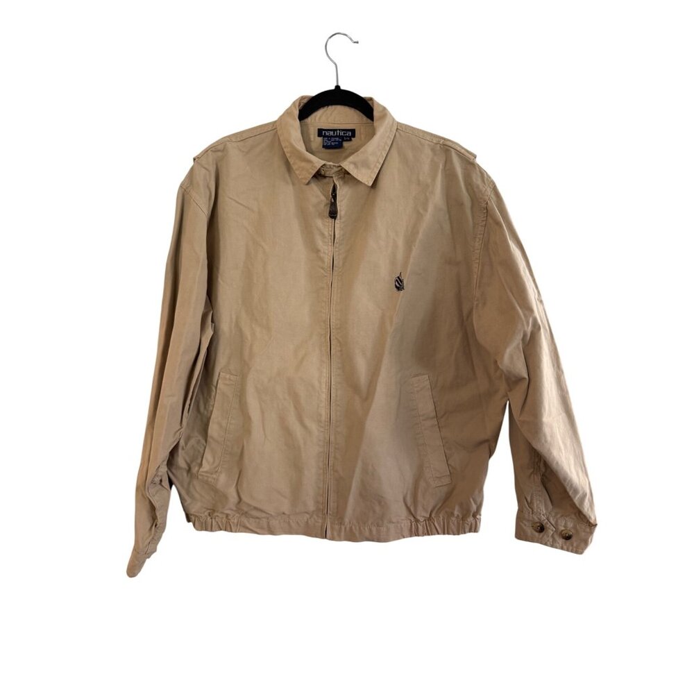 Vintage Nautica Mens Khaki Full-Zip Lightweight Jacket L Embroidered Logo 100% C